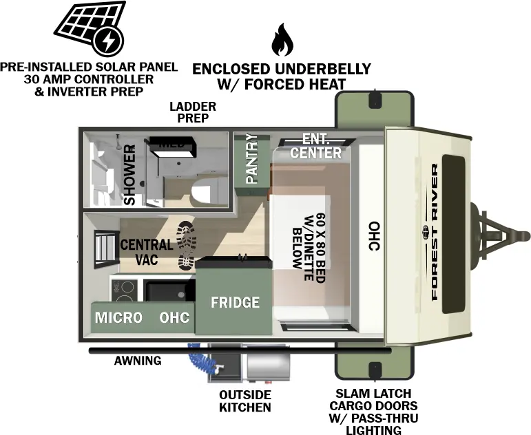 The No Boundaries NB18.1 floorplan has one entry and zero slide outs. Exterior features include: fiberglass exterior, 8' awning and outside kitchen. Interiors features include: u-dinette.